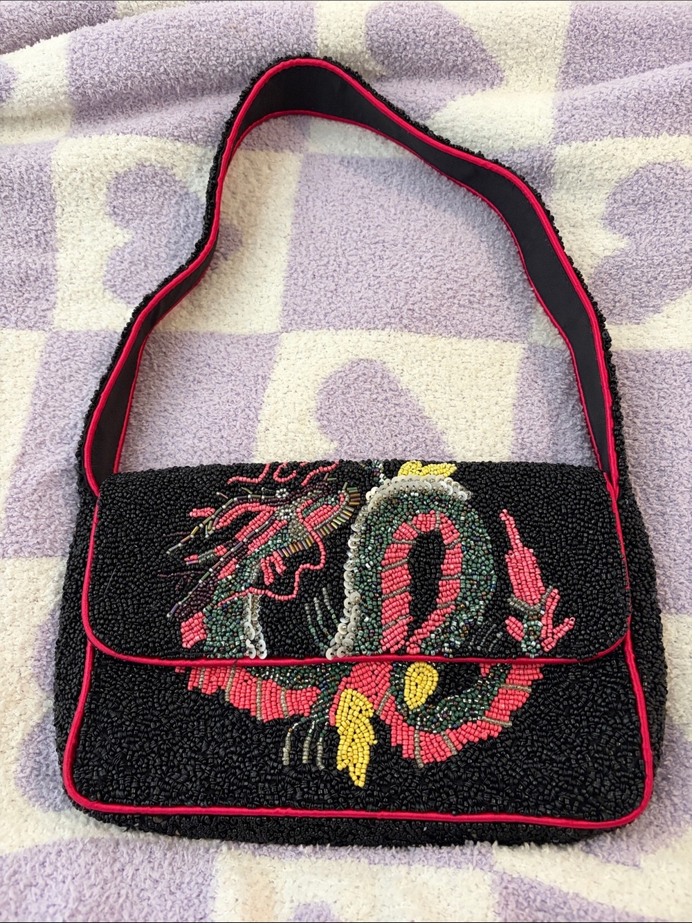 Beaded Black Dragon Motif Shoulder Bag with Pink Trim